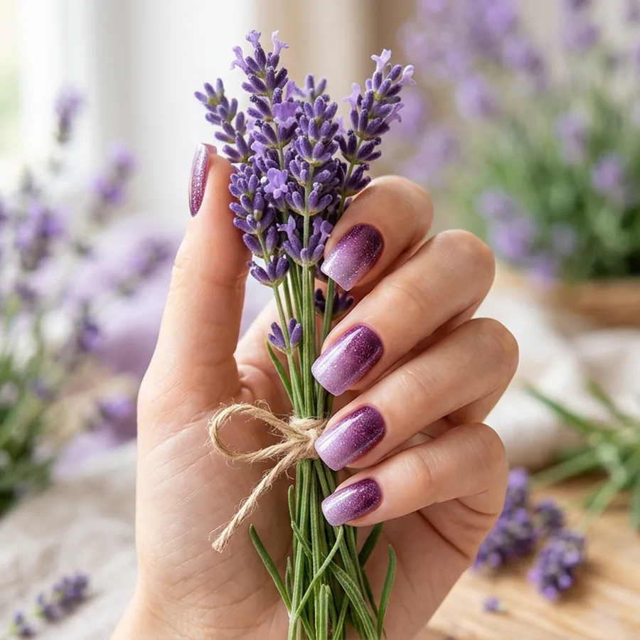 Glittery plum and lilac ombre gel manicure holding lavender bouquet