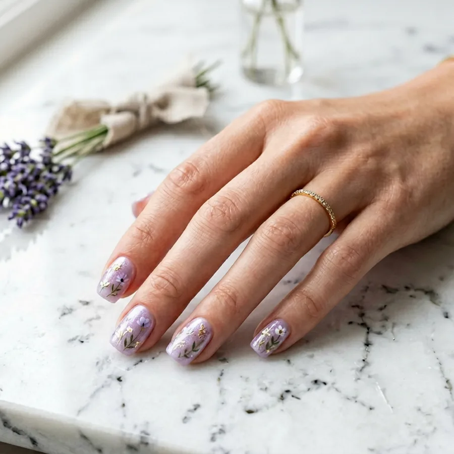Shimmer lilac gel nails with floral decals