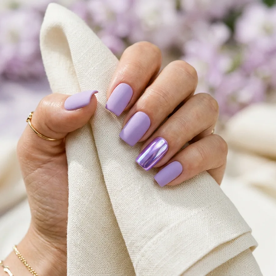 Matte lavender gel nails with accent violet chrome finger