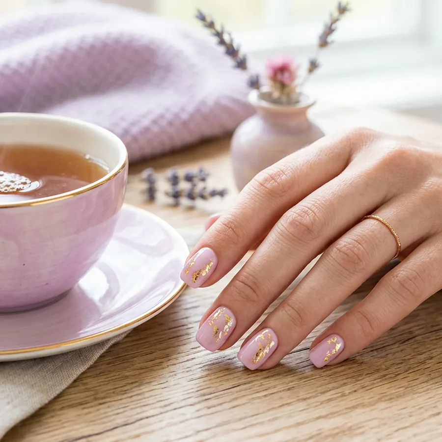 Pale pink-lilac gel nails with delicate gold foil detail