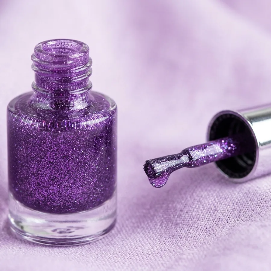 Close-up of a violet shimmer dip powder with dusting brush