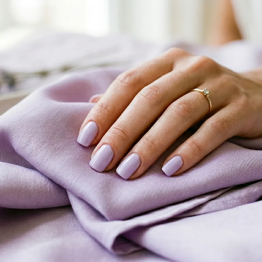 Glossy pale-lavender gel nails resting on folded lilac silk