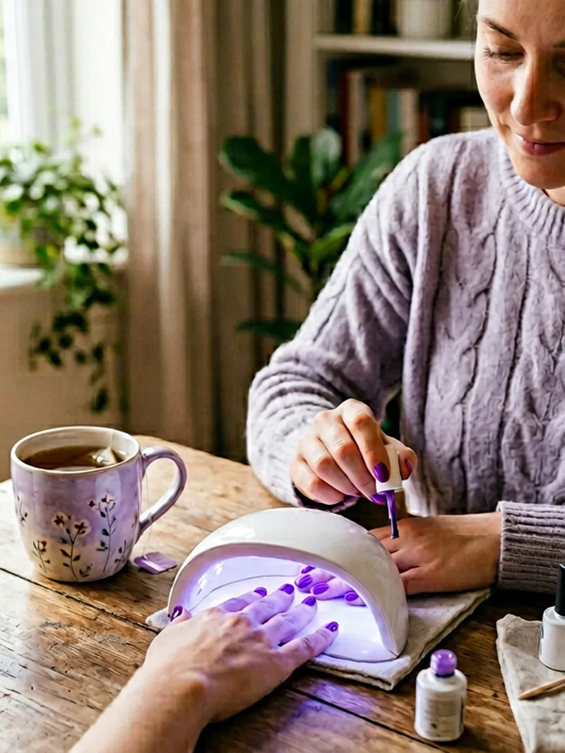 Customer curing a Lavender Violets violet gel polish under a small LED lamp at home