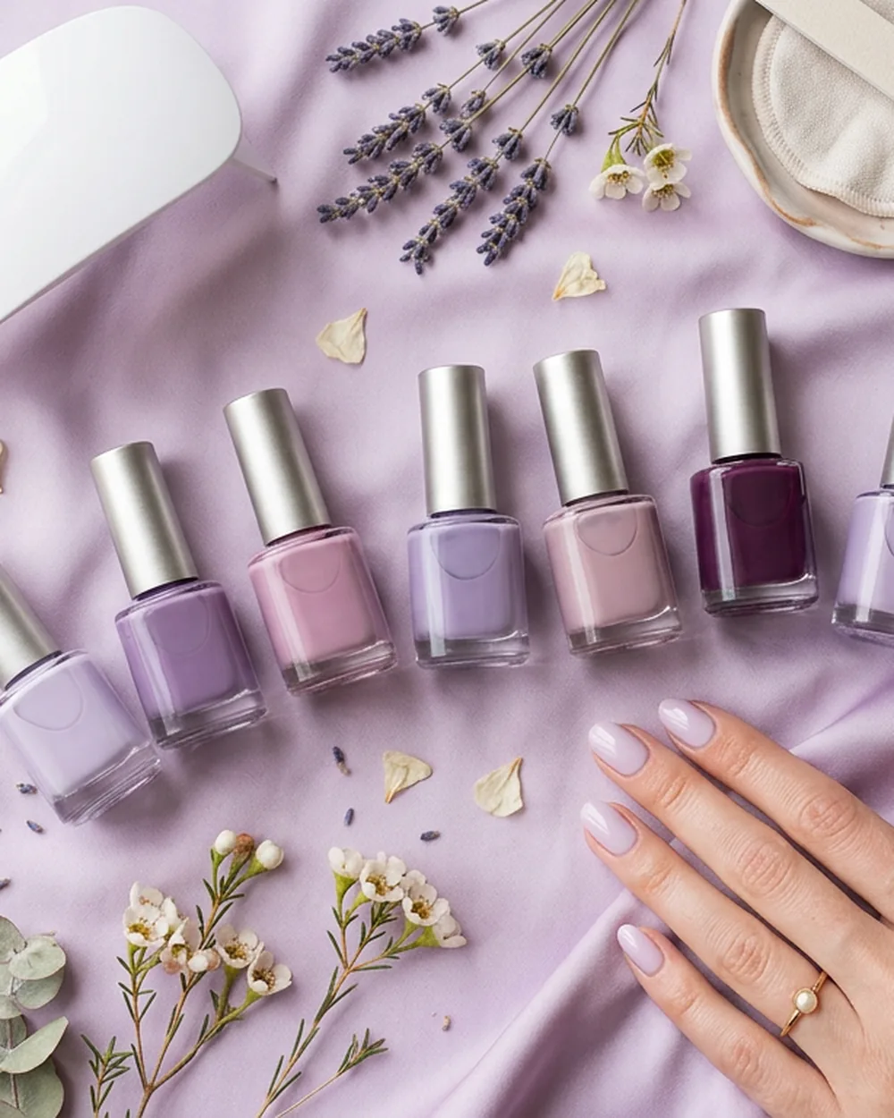 Curated set of Lavender Violets gel nail polish bottles with a manicured hand showing glossy pale violet nails