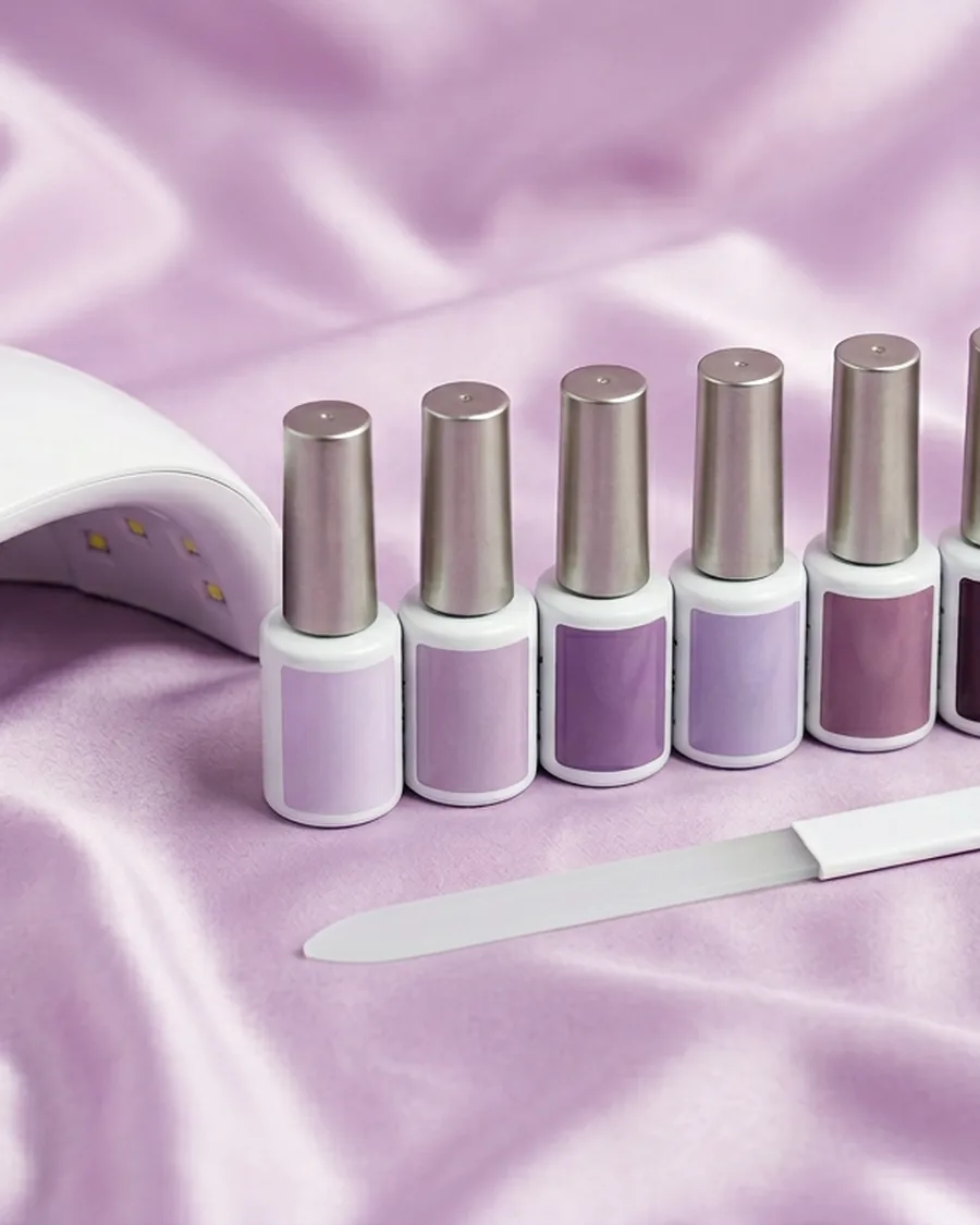 Lavender Violets complete starter kit with compact white LED nail lamp and six gel polish bottles