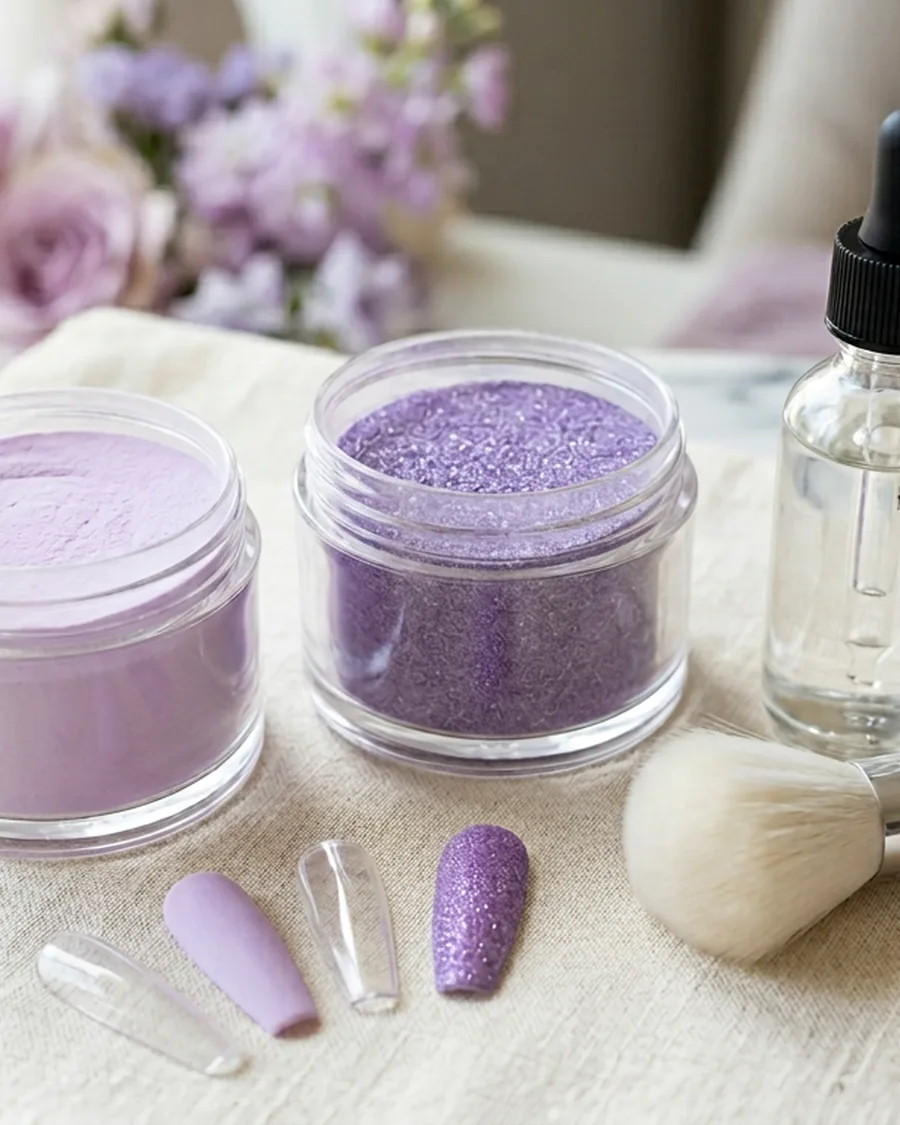 Lavender Violets dip powder system with pastel lavender and shimmer violet powder jars, activator and brush