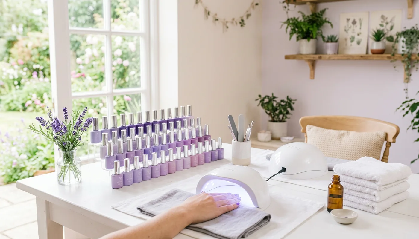 Bright UK home beauty studio with Lavender Violets polishes, LED lamps and fresh lavender